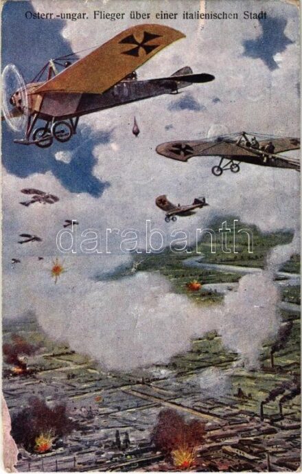1918 Österr.-ungar. Flieger über einer italienischen Stadt / WWI Austro-Hungarian K.u.K. military art postcard, military aircrafts over an Italian city (felületi sérülés / surface damage)