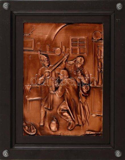 3 mulatozó, réz domborítás, jelzés nélkül, fakeretben. 22x15,5 cm.