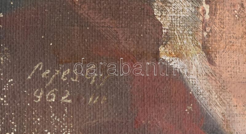 Fejes Gy jelzéssel: Portré, 1962. Olaj, vászon. Kissé sérült. Dekoratív fa keretben. 28,5x19,5 cm - Image 2