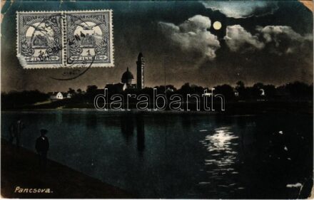 1912 Pancsova, Pancevo; Felsővárosi szerb ortodox templom este. Kohn Samu kiadása / Serbian Orthodox church at night, riverside (szakadás / tear)