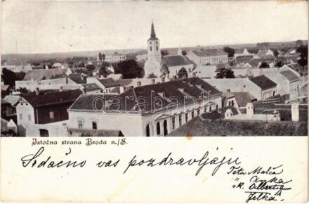 1902 Bród, Nagyrév, Slavonski Brod, Brod na Savi; Iztocna strana / látkép / general view + 'BROD - NAGY-KANIZSA 61. SZ.' vasúti mozgóposta bélyegző (EK)