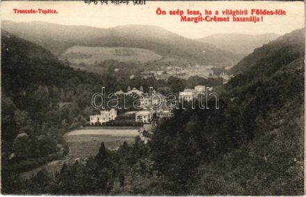 Trencsénteplic, Trencianske Teplice; látkép. Földes-féle Margit-Creme reklám / general view with advertisement (EK)