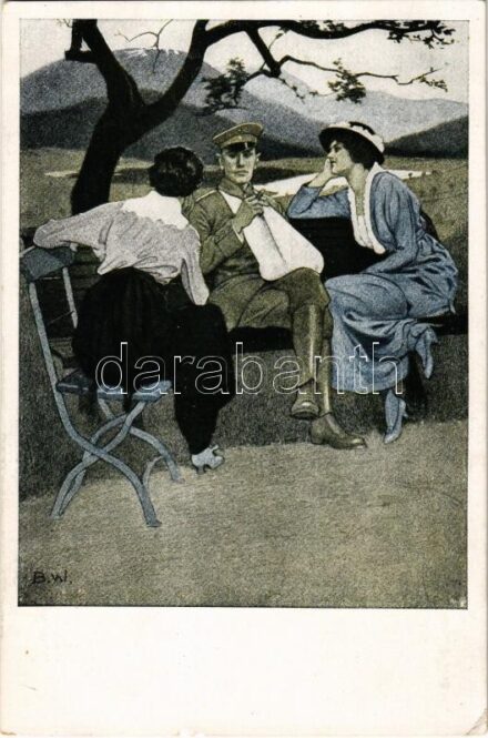 1917 Daheim. Kriegspostkarten von B. Wennerberg Nr. 3. / WWI German military art postcard, injured officer with ladies s: B.W. + 'K.u.K. 3. Regiment der Tiroler Kaiserjäger 4. Feldbaon' (EK)