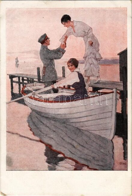 1917 Heimaturlaub. Kriegspostkarten von B. Wennerberg Nr. 12. / WWI German military art postcard, officer with ladies on holiday s: B.W. + 'K.u.K. 3. Regiment der Tiroler Kaiserjäger 4. Feldbaon' (kis szakadás / small tear)