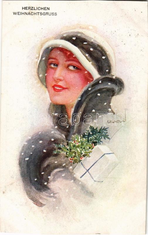 1916 Herzlichen Weihnachtsgruss / Lady art postcard with Christmas greeting. 'ERKAL' Künstler-Serie 306/2. s: Usabal + 'K.U.K. KRIEGSMARINE SMS VIRIBUS UNITIS' (vágott / cut)