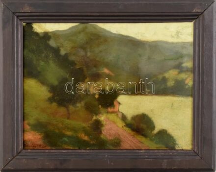 Solymássy (?) C. Victor jelzéssel: Vízparti. Olaj, karton. Kissé sérült fakeretben. 25x33,5 cm