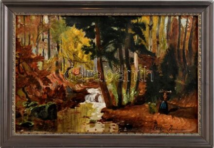 Perger Jenő jelzéssel: Rőzsehordó. Olaj, karton. Dekoratív, sarkaiban kissé sérült fakeretben. 25x40 cm