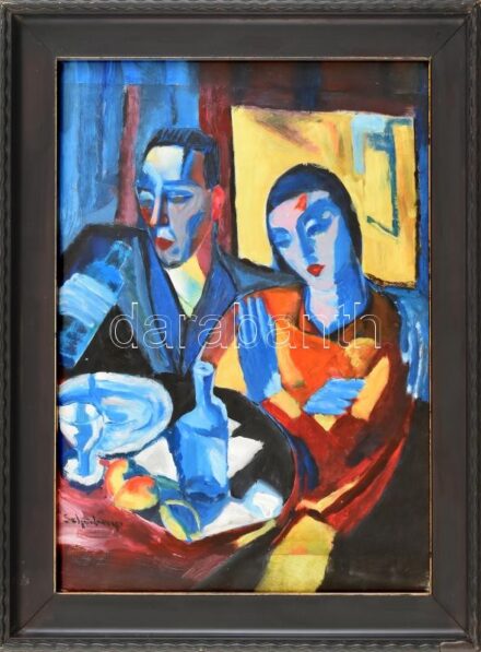 Schönberger jelzéssel: Pár. Olaj, papír. Dekoratív, üvegezett fa keretben, 38×28,5 cm