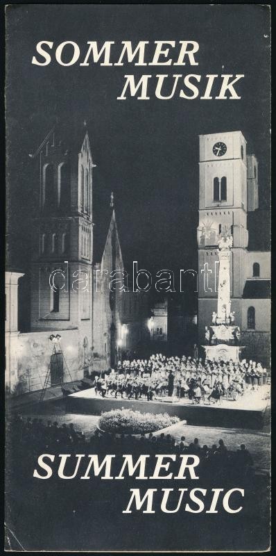 cca 1970 Sommer Musik - Sommer Music, német és angol nyelvű képes idegenforgalmi prospektus, rajta magyar városokkal (Tihany, Kőröshegy, Vácrátót, Fót, Fertőd, Nyírbátor, Keszthely, Veszprém, Martonvásár, Pécs, Szeged, Budapest)