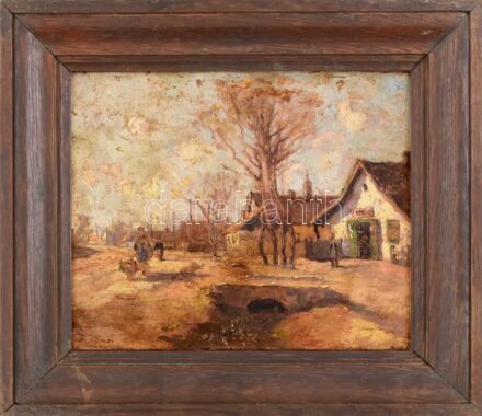 Olvashatatlan jelzéssel (balra lent): Napfényes utca. Olaj, karton. Sérült. 26x32 cm. Dekoratív, kissé sérült fa keretben.