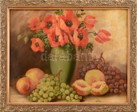 Jelzés nélkül: Csendélet pipaccsal és gyümölcsökkel. Olaj, karton. Sérült. 29x38 cm. Dekoratív, kissé sérült fa keretben.