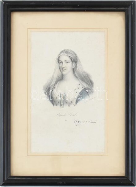 Agnés Sorel (1422-1450) francia kegyencnő, VII. Károly francia király szeretője, litográfia, üvegezett fa keretben, paszpartuban, 18x11 cm