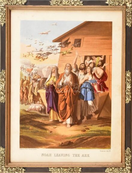 cca 1880 Noé elhagyja a bárkát (Noah leaving the arch). Színes litográfia, papír. Religious Tract Society London. Lpa szélén apró foltokkal. Dekoratív, üvegezett fa keretben. 32,5x23,5 cm.
