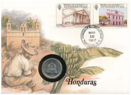 Honduras 1980. 10c Cu-Ni felbélyegzett borítékon, bélyegzéssel, német nyelvű leírással T:1 Honduras 1980. 10 Centavos Cu-Ni in envelope with stamp, with German description C:UNC
