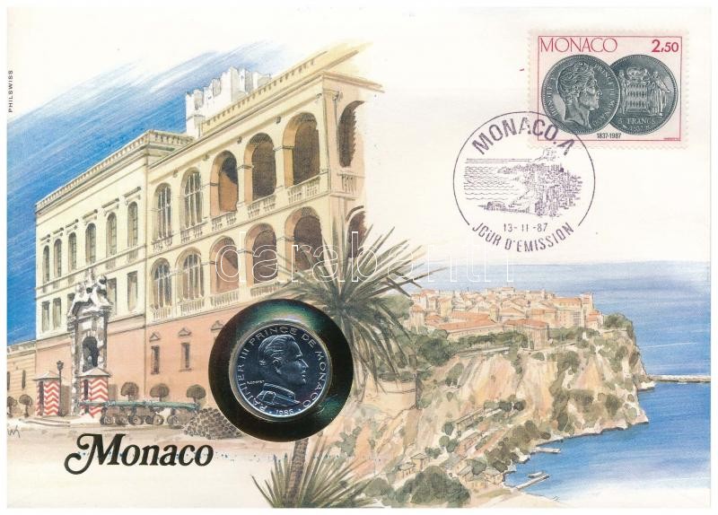 Monaco 1986. 1Fr Ni felbélyegzett borítékban, bélyegzéssel, német nyelvű tájékoztatóval T:1 Monaco 1986. 1 Franc Ni in envelope with stamp, cancellation and a prospectus in german C:UNC