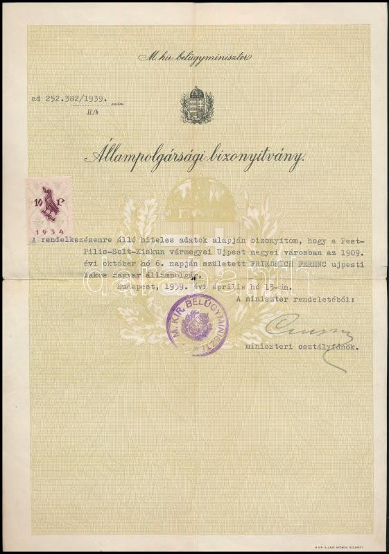1939 Bp.., Állampolgársági bizonyítvány Friedrich Ferenc újpesti lakos részére