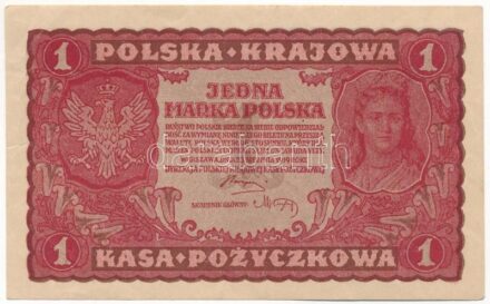 Lengyelország 1919. 1M T:II hajtatlan, kisebb gyűrődések Poland 1919. 1 Marka C:XF unfolded, but small creases Krause 23