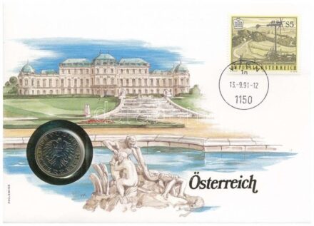 Ausztria 1991. 10Sch Cu-Ni felbélyegzett borítékban, bélyegzéssel, német nyelvű tájékoztatóval T:1- patina, ü. Austria 1991. 10 Schilling Cu-Ni in envelope with stamp, cancellation and a prospectus in german C:AU patina, ding