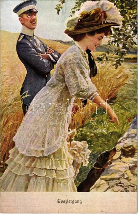 Spaziergang / German military art postcard, officer with lady. Meggendorfer Blätter Ser 25. Nr. 3. s: Oskar Bluhm (EK)