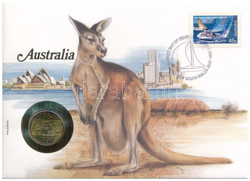 Ausztrália 1994. 1$ Al-Br 'A Dollár 10. évfordulós kiadása' érme felbélyegzett borítékban, bélyegzéssel, német nyelvű tájékoztatóval T:1 patina Australia 1994. 1 Dollar Al-Br '10th Anniversary of the Dollar' coin in envelope with