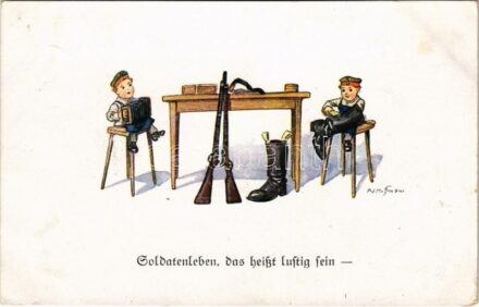 1916 Soldatenleben, das heißt lustig sein / WWI German military art postcard. WSSB No. 4990. s: Ad. Hoffmann + 'K.u.K. Skikompagnie der 58. Gebirgsbrigade' (EK)