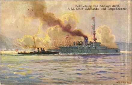 1915 Beschießung von Antivari durch SM Schiff Monarch und Torpedoboote / SMS Monarch az Osztrák-Magyar Haditengerészet Monarch-osztályú partvédő csatahajója és egy torpedóromboló lövi Bar-t (Antivari) / WWI Austro-Hungarian Navy K.u.K.