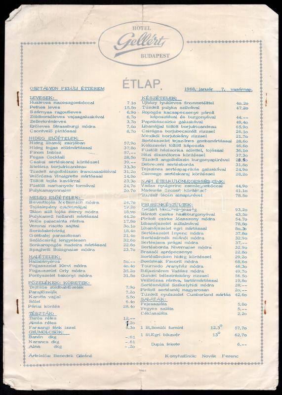 1968 Hotel Gellért Budapest 3 db étlapja, gyűrődésekkel