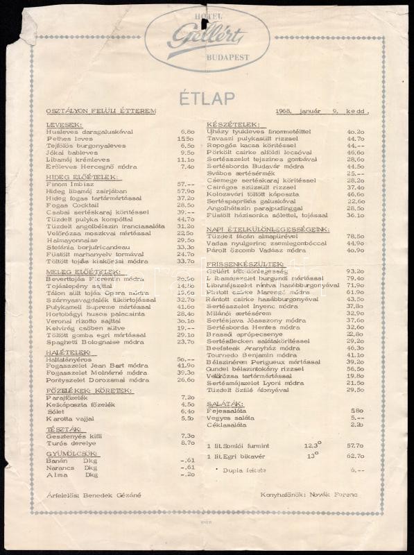 1968 Hotel Gellért Budapest 3 db étlapja, gyűrődésekkel - Image 2