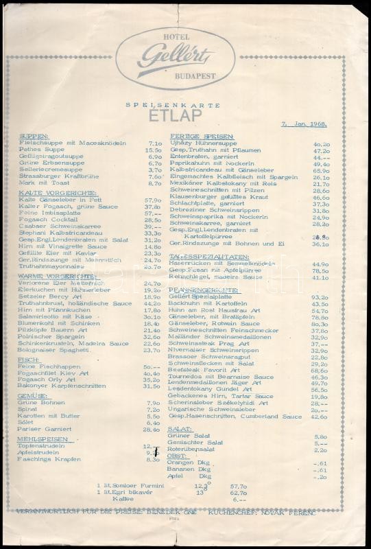1968 Hotel Gellért Budapest 3 db étlapja, gyűrődésekkel - Image 3