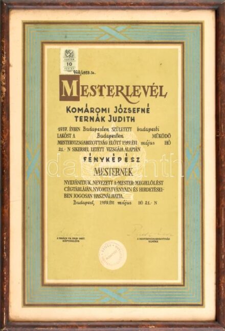 1959 Fényképész mesterlevél üvegezett keretben 30x44 cm