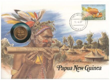 Pápua Új-Guinea 1987. 2t Cu-Zn felbélyegzett borítékban, bélyegzéssel, német nyelvű tájékoztatóval T:1 patina Papua New Guinea 1987. 2 Toea Cu-Zn in envelope with stamp, cancellation and a prospectus in german C:UNC patina