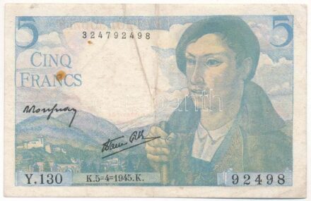 Franciaország 1945. 5Fr T:III tűly., fo. France 1945. 5 Francs C:F pin holes, spotted Krause P#98a