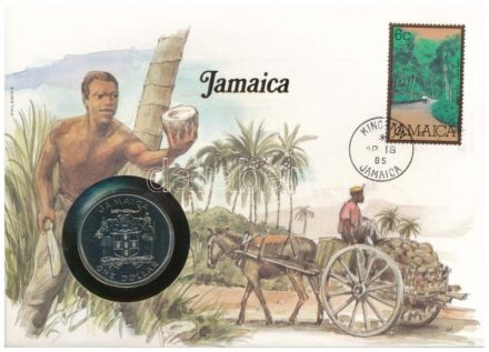 Jamaica 1982. 1$ Cu-Ni 'Labdarúgó Világbajnokság' érme felbélyegzett borítékban, bélyegzéssel, német nyelvű tájékoztatóval T:1- patina, karc Jamaica 1982. 1 Dollar Cu-Ni 'World Championship of Football' coin in envelope with stamp,
