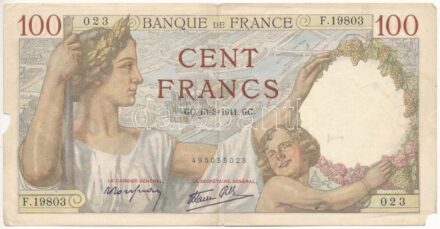 Franciaország 1941. 100Fr T:III tűlyukak, anyaghiány France 1941. 100 Francs C:F needle holes, missing paper Krause P#94