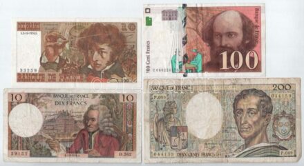 Franciaország 1970. 10Fr + 1974. 10Fr + 1991. 200Fr + 1998. 100Fr T:III,III- Francie 1970. 10 Francs + 1974. 10 Francs + 1991. 200 Francs + 1998. 100 Francs C:F,VG