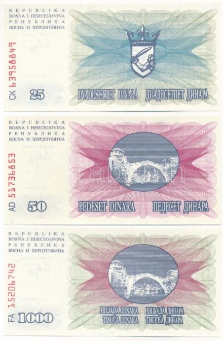 Bosznia-Hercegovina 1992. 25D + 50D + 1000D T:I,I- Bosnia and Hercegovina 1992. 25 Dinara + 50 Dinara + 100 Dinara C:UNC,AU