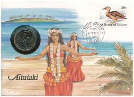 Cook-szigetek / Aitutaki 1992. 1$ Cu-Ni felbélyegzett borítékban, bélyegzéssel, német nyelvű tájékoztatóval T:1 patina Cook Islands / Aitutaki 1992. 1 Dollar Cu-Ni in envelope with stamp, cancellation and a prospectus in german C:UNC