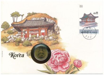 Dél-Korea 1985. 10W Cu felbélyegzett borítékban, bélyegzéssel, német nyelvű tájékoztatóval T:1 patina South Korea 1985. 10 Won Cu in envelope with stamp, cancellation and a prospectus in german C:UNC patina