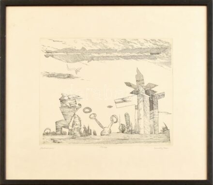 Szemethy Imre (1945-): Mederlakók. Rézkarc, papír, jelzett, számozott (26/100). Üvegezett fakeretben. 24×29 cm
