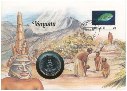 Vanuatu 1983. 20v Cu-Ni felbélyegzett borítékban, bélyegzéssel, német nyelvű tájékoztatóval T:1- kis karc Vanuatu 1983. 20 Vatu Cu-Ni in envelope with stamp, cancellation and a prospectus in german C:AU small scratches