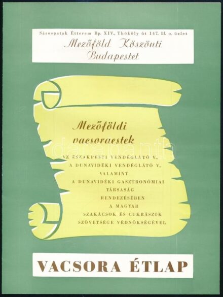 1974 Bp., Sárospataki Étterem mezőföldi vacsoraestek étlap, 2 sztl. lev.