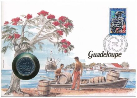 Franciaország / Guadeloupe 1999. 1Fr Ni felbélyegzett borítékban, bélyegzéssel, német nyelvű tájékoztatóval T:1- kis karc France / Guadeloupe 1999. 1 Franc Ni in envelope with stamp, cancellation and a prospectus in german C:AU small