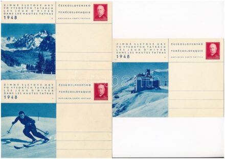 1948 Tátra, Magas Tátra, Vysoké Tatry; Zimné Sletové Hry vo Vysokych Tatrách / Les Jeux d'Hiver dans les Hautes Tatras / Téli sportjátékok a Magas Tátrában / Winter Sport Games in the High Tatras, ski - 8 db MODERN díjjegyes lap / 8