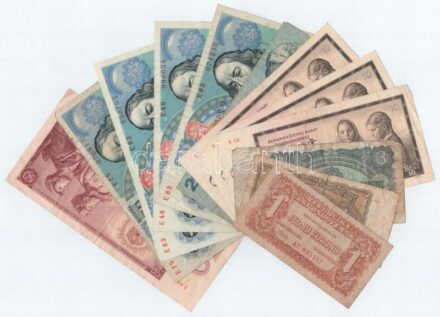 Csehszlovákia 1944. 1K + 1953. 1K + 1961. 3K + 1960. 10K (3x, ebből 2db közeli sorszám) + 1964. 50K + 1970. 20K + 1987. 20K (4x, ebből 1db szlovák bélyeggel) T:III,III- közte szép papír Czechoslovakia 1944. 1 Koruna + 1953. 1 Koruna +