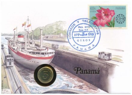 Panama 1996. 5c Cu-Ni felbélyegzett borítékban, bélyegzéssel, német nyelvű tájékoztatóval T:1 patina Panama 1996. 5 Centesimos Cu-Ni in envelope with stamp, cancellation and a prospectus in german C:UNC patina