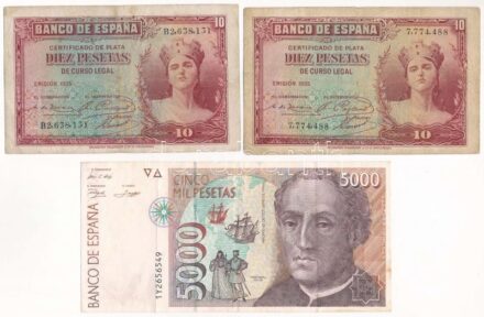 Spanyolország 1935. 10P (2x, Silver certificate, egyik sorozat nélkül, másik B-sorozat) + 1992. 5000P T:III Spain 1935. 10 Pesetas (2x, Silver certificate, one without series, one Series B) + 1992. 5000 Pesetas C:F Krause P#86, P#165