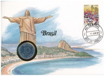 Brazília 1988. 10C acél felbélyegzett borítékban, bélyegzéssel, német nyelvű tájékoztatóval T:2 patina, karc Brasil 1988. 10 Cruzados steel in envelope with stamp, cancellation and a prospectus in german C:XF patina, scratches