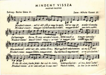 Mindent vissza! Magyar palotás 'Emlékül a Felvidék nagy napjairól' Irredenta kottás lap / Hungarian irredenta propaganda song, music sheet + '1938 Komárom visszatért' So. Stpl. (EB)
