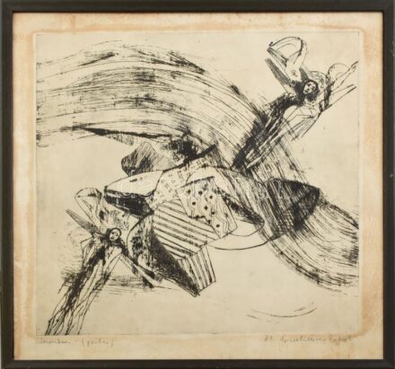 Swierkiewicz Róbert (1942-2019): Álmomban, 1971. Hidegtű, papír. Jelzett. Próbanyomat. Foltos. 50x50 cm. Üvegezett fa keretben.