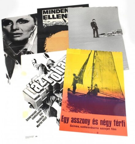 cca 1970-1980 5 db filmplakát: Te és én, Egy asszony és négy férfi, Lázroham, Mindennek ellenére, Suttogó fantom; MOKÉP-MAHIR (közte grafikusok: Mayer Gyula, So-Ky), hajtva, vegyes állapotban, 56x41 cm körüli méret